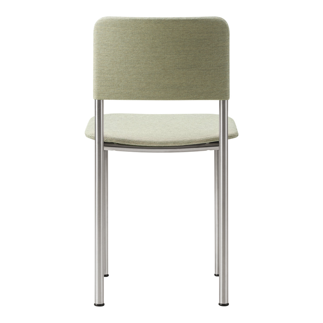 Green upholstered chair with a sleek silver metal frame, showcasing a minimalist and modern design.