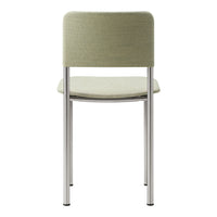 Green upholstered chair with a sleek silver metal frame, showcasing a minimalist and modern design.