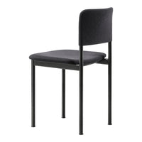 Black upholstered chair with a minimalist design and sleek metal frame. Simple and modern style for any space.