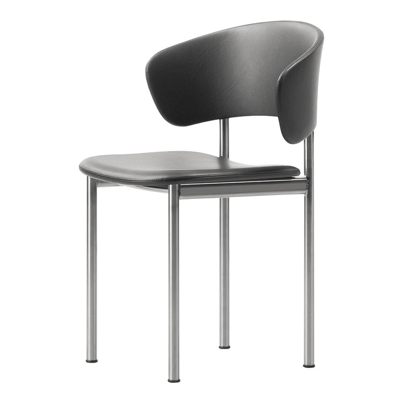 Black leather chair with sleek metallic legs, featuring smooth curves and minimalist design.