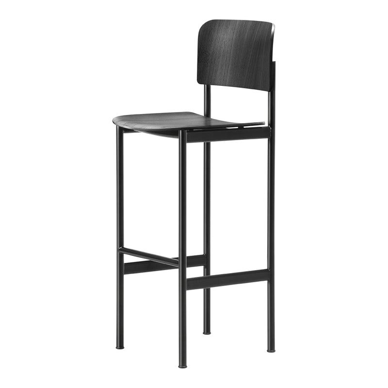 Black wooden bar stool with a sleek minimalist design and smooth finish, perfect for modern decor.