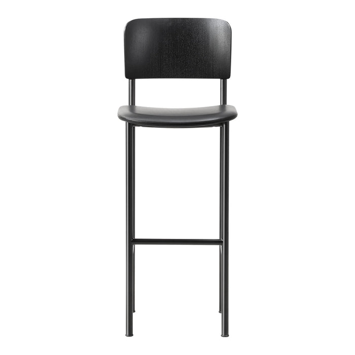 "Minimalist black bar stool with a smooth wood finish and sleek metal legs, perfect for modern decor."