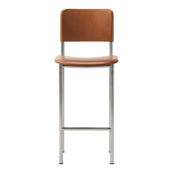 Brown leather bar stool with a sleek stainless steel frame, showcasing a minimalist design and contemporary colors.