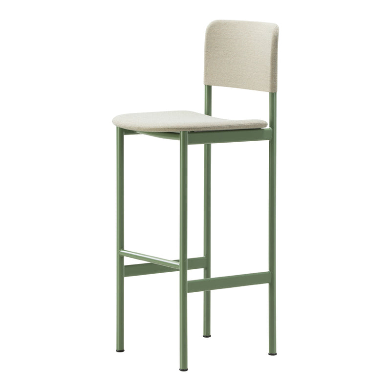 Light green metal bar stool with a neutral beige upholstered seat, simple design without patterns.
