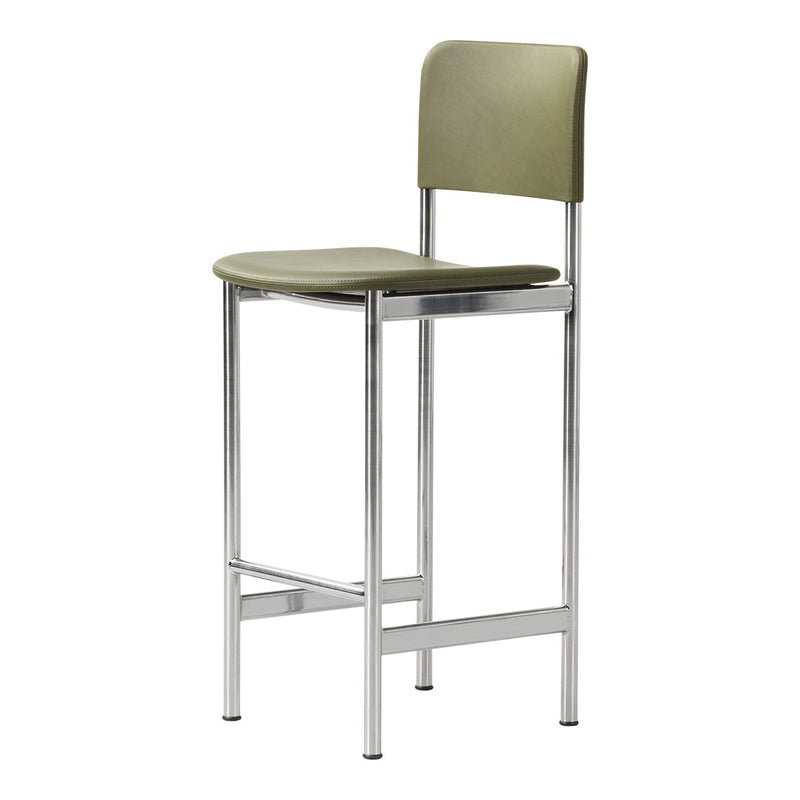Green upholstered bar stool with a sleek chrome frame, featuring a minimalist design and smooth surfaces.