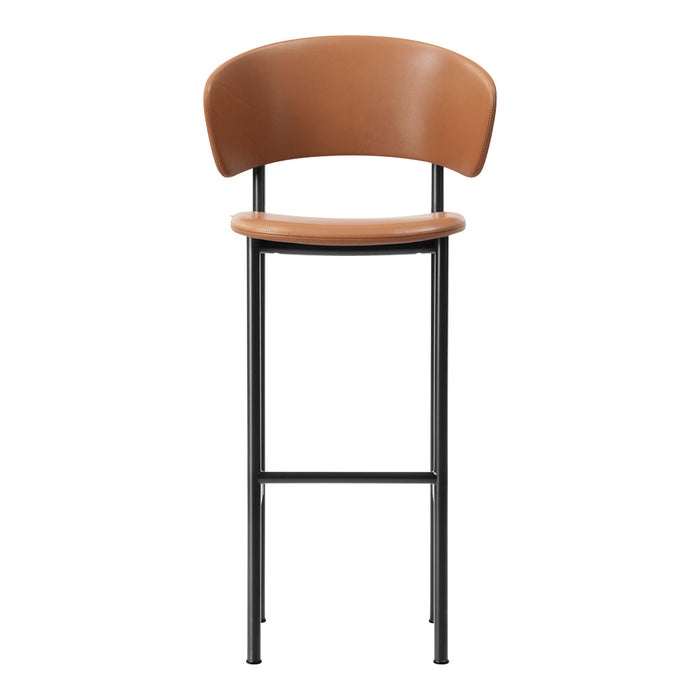 Brown leather bar stool with a sleek black metal frame, featuring smooth curves and a minimalist design.