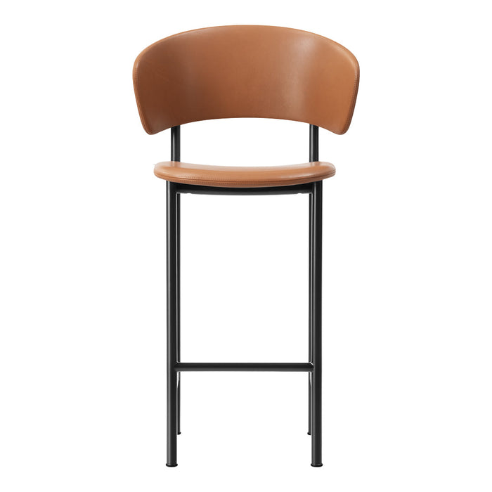Brown leather bar stool with a sleek black metal frame, featuring a smooth curved backrest and seat design.