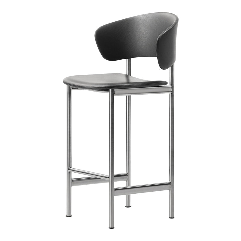 Black leather bar stool with sleek chrome legs, featuring a minimalist design and smooth surfaces. Ideal for modern decor.