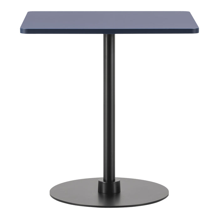 Navy blue square tabletop with a black metal pedestal base, perfect for modern decor.