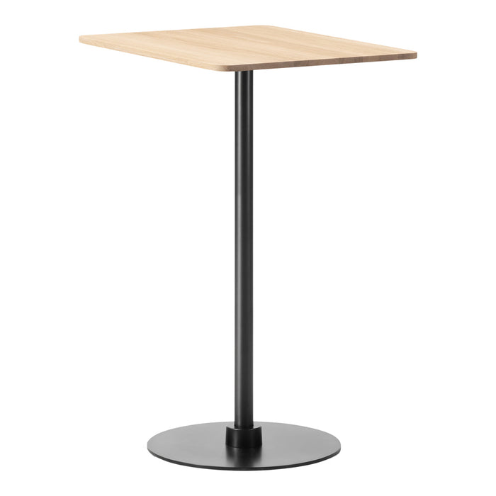 Light wood square tabletop with a smooth finish, supported by a sleek black metal base. Modern minimalistic design.