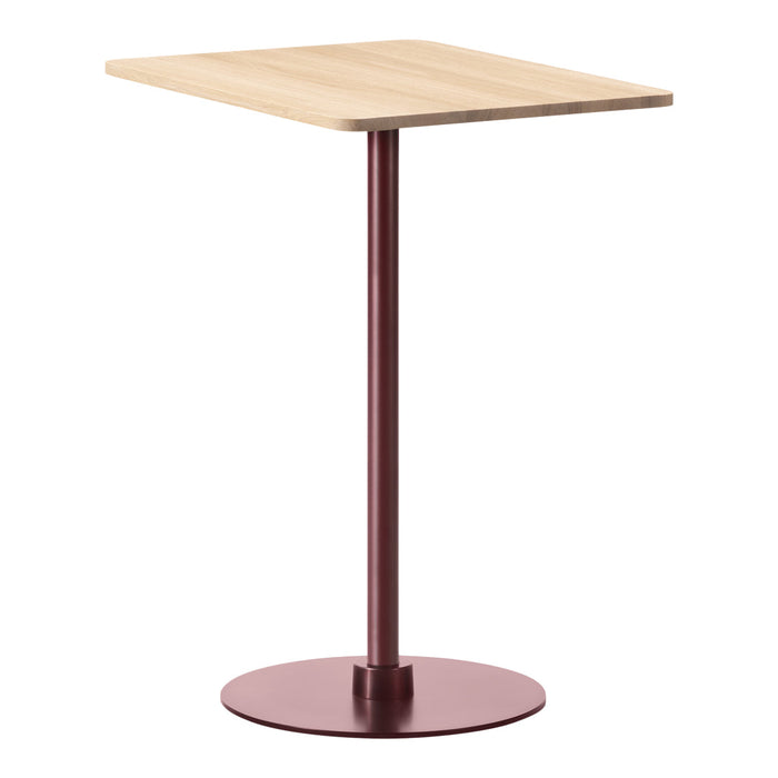 "Light wood tabletop with a deep burgundy metal base, creating a modern and stylish contrast."