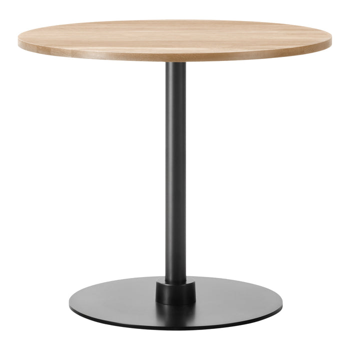 "Round wood tabletop in light oak finish with a sleek black metal base, minimalistic design and smooth surface."
