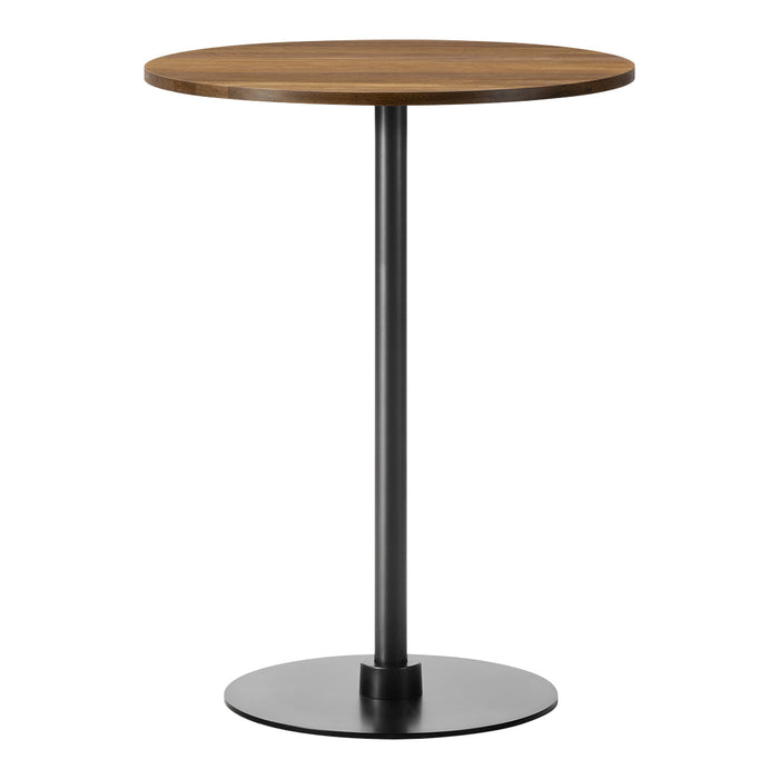 Round wooden top table with a rich brown finish and sleek black metal base, ideal for modern decor.
