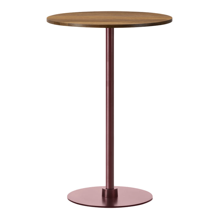 Round wooden tabletop with a warm brown finish on a burgundy metal base, sleek and modern design.