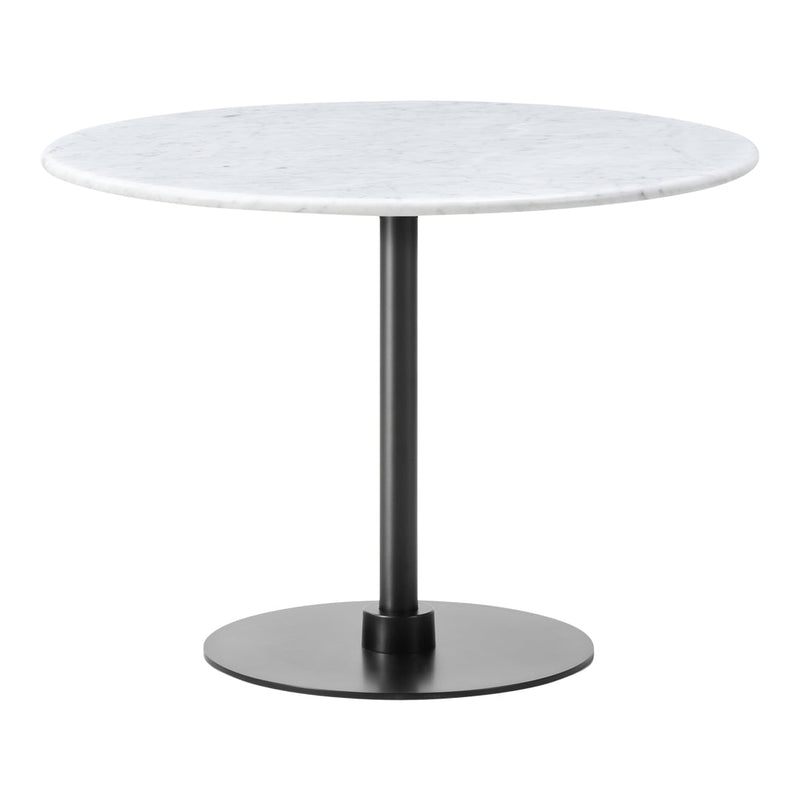 Round marble tabletop in white with subtle gray veining, supported by a sleek black metal base.