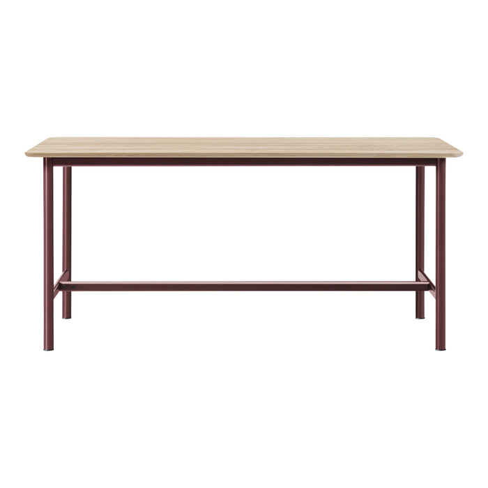 Light wood tabletop with a smooth finish, complemented by deep burgundy metal legs and crossbars, offering a modern look.