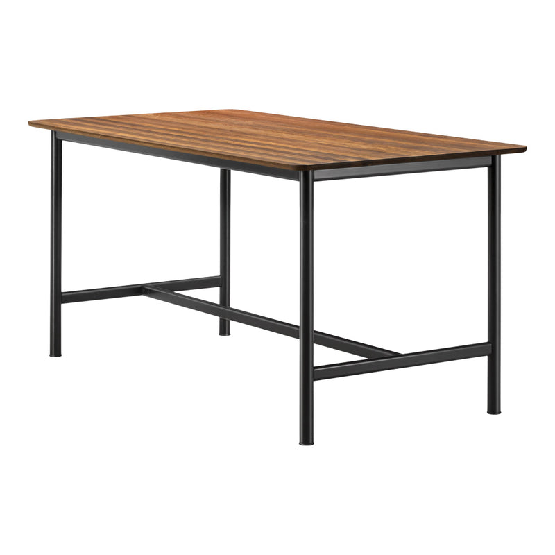 Stylish wooden table with a striped brown finish and sleek black metal legs, perfect for modern decor.