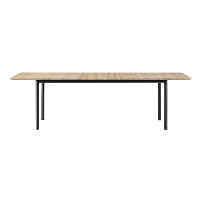 Natural wood tabletop with a subtle pattern, supported by sleek black legs for a modern touch.