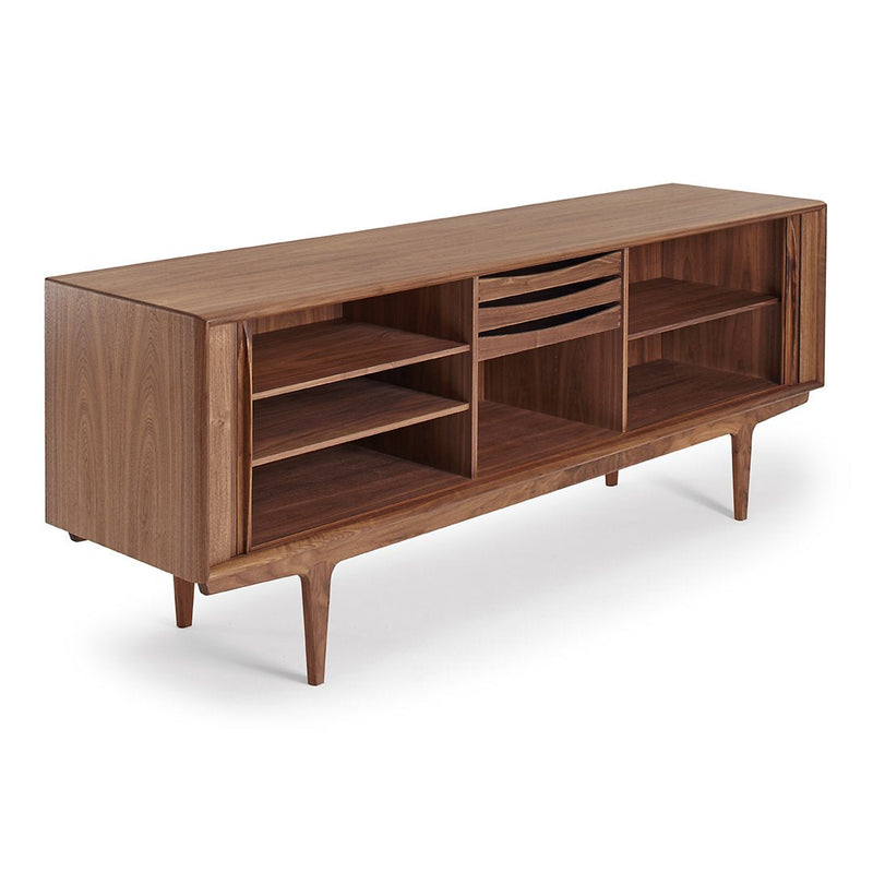 Wooden TV stand in rich walnut finish with a smooth surface and horizontal slatted pattern. Mid-century modern design.