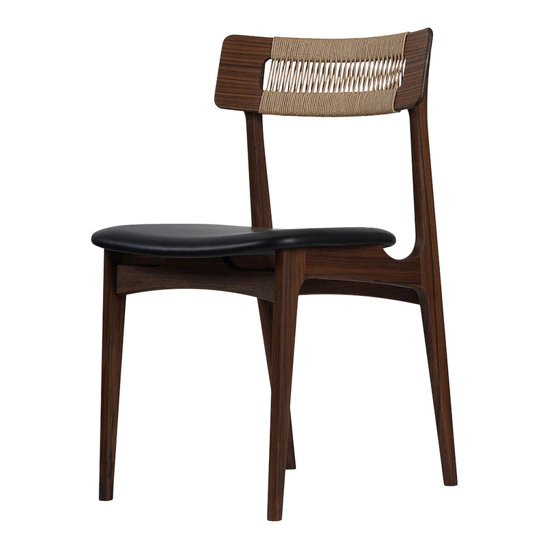 Wooden chair with a dark brown finish, woven backrest, and black seat for a modern, stylish look.