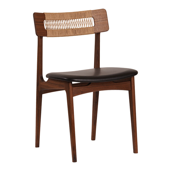 Mid-century modern chair featuring a walnut finish with a woven backrest and a black seat. Elegant and stylish design.