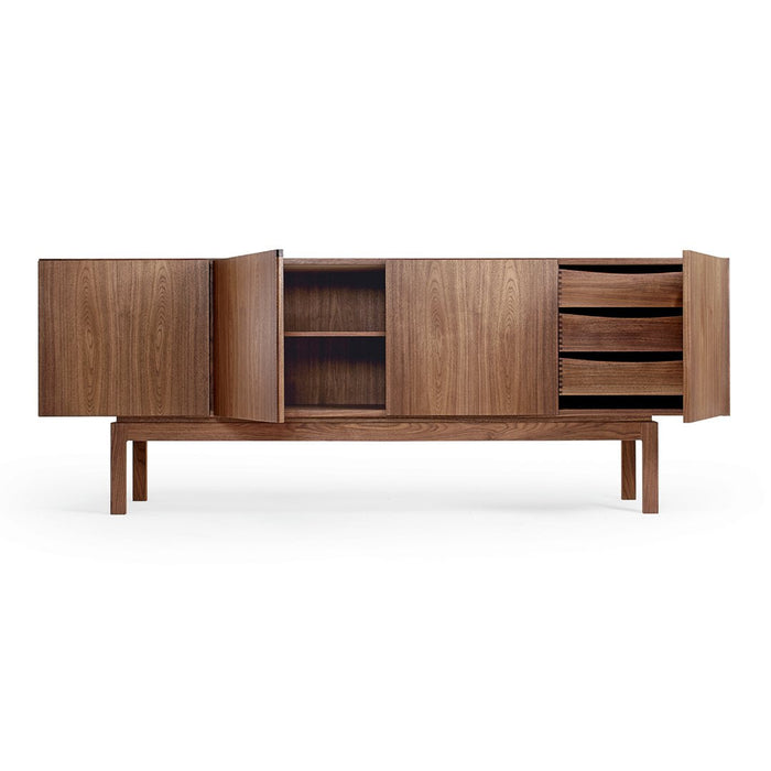 Elegant walnut wood sideboard with natural grain patterns, featuring a smooth finish and minimalist design.