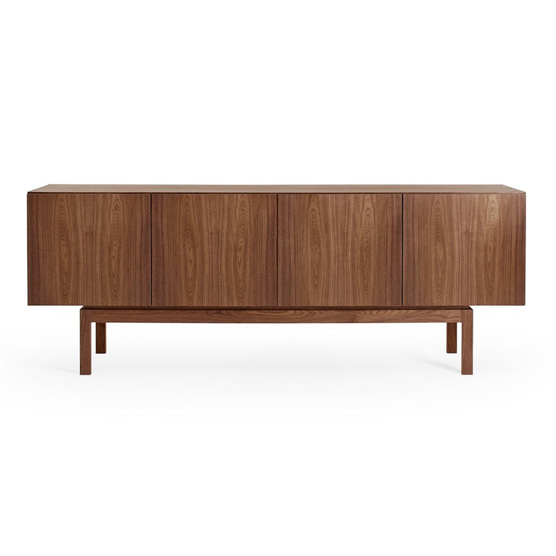 Walnut sideboard with a smooth, rich brown finish and minimalist design. Clean lines with horizontal plank pattern.
