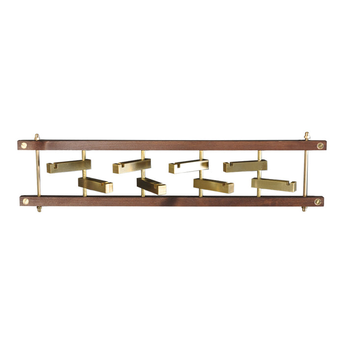 Brass and wood wall decor with geometric patterns in a modern design, featuring rich brown and metallic gold finishes.