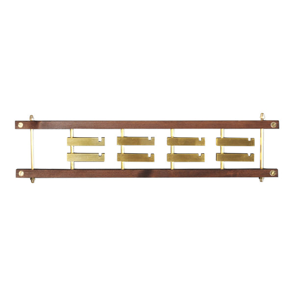 Wood and brass wall rack with a sleek, modern design featuring alternating warm wood tones and shiny gold accents.