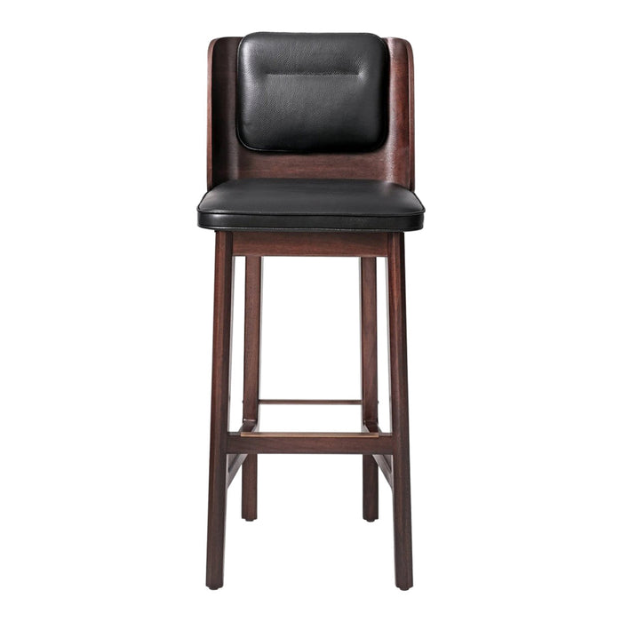 Black leather bar stool with a minimalistic wooden frame in rich brown, featuring sleek, modern lines.