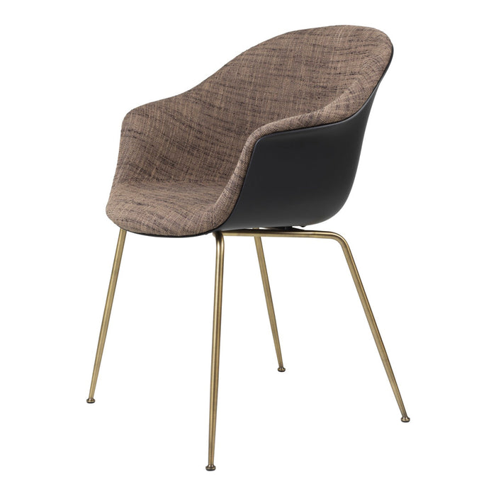 "Modern chair with a textured brown fabric seat and sleek black backrest, featuring gold metal legs."