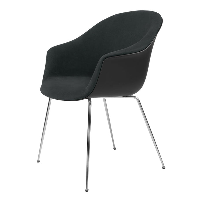Black upholstered chair with a smooth, curved design and sleek chrome legs. Modern and stylish decor accent.