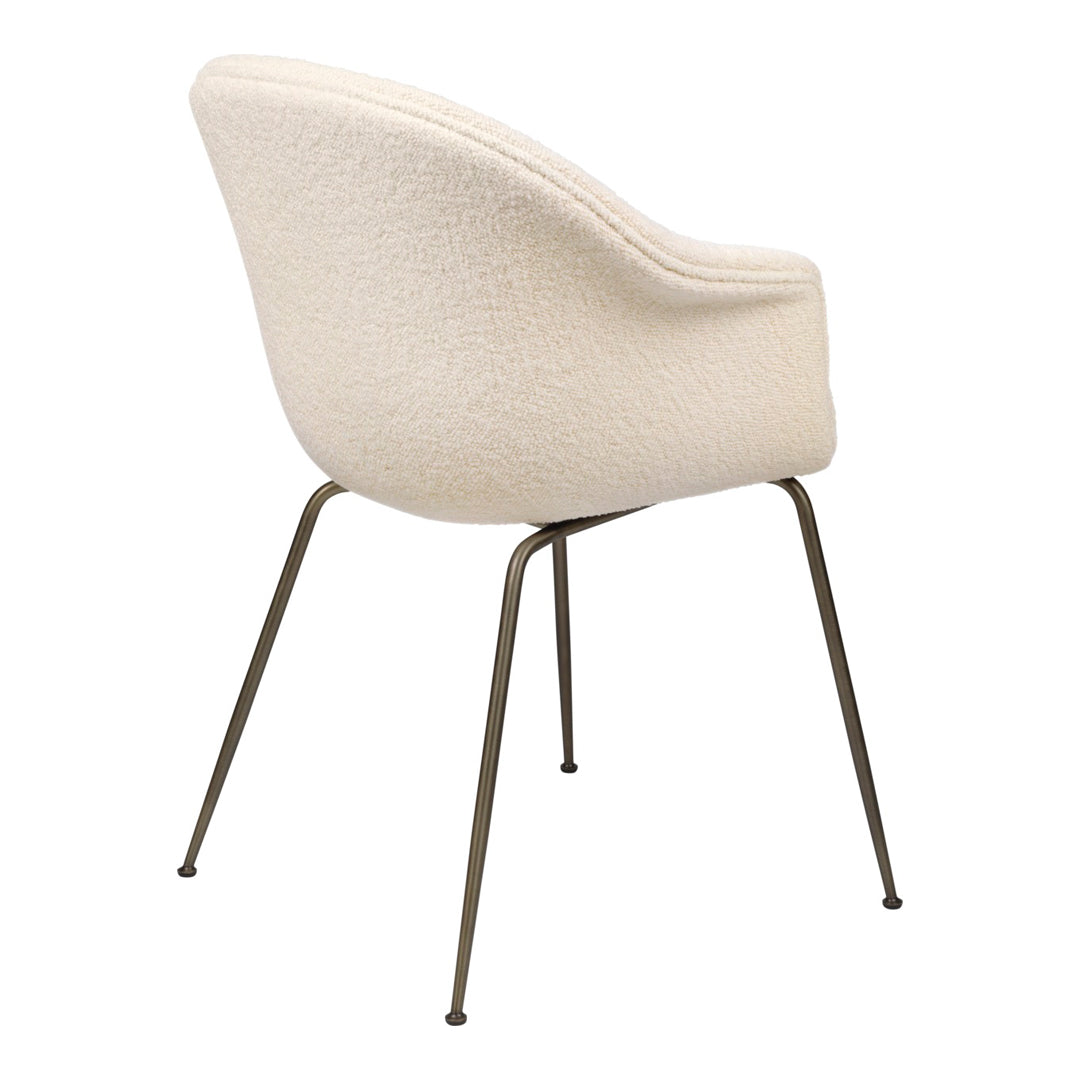 Cream textured chair with curved back, featuring sleek metal legs in a muted bronze finish. Ideal for modern decor.
