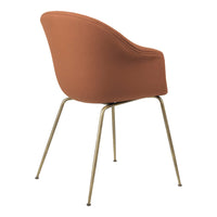 Brown upholstered chair with curved back and gold metal legs, featuring a sleek, modern design.