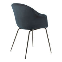 Stylish dark blue upholstered chair with sleek metallic legs and a modern curved design. Ideal for contemporary decor.
