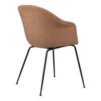 Brown upholstered chair with smooth curves and sleek black metal legs, showcasing a minimalist design.