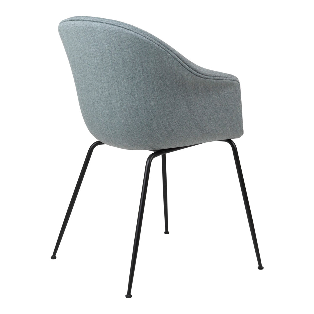 Light gray upholstered chair with a smooth texture and sleek black metal legs. Modern design perfect for any space.