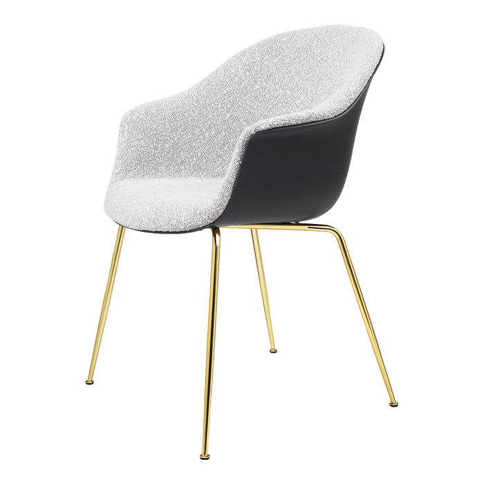Modern chair featuring a textured gray and white seat with sleek gold legs. Ideal for contemporary spaces.