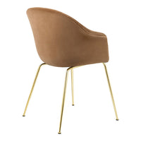 "Soft taupe velvet chair with elegant curved back and sleek gold legs, perfect for modern interiors."