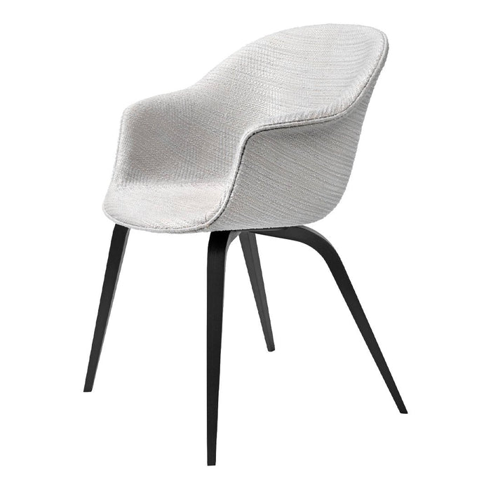 Modern grey upholstered chair with a textured pattern and sleek black legs, perfect for contemporary decor.