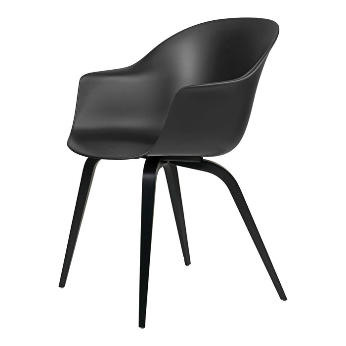 Sleek black chair with a smooth finish and minimalist design, featuring eco-friendly materials and a modern silhouette.