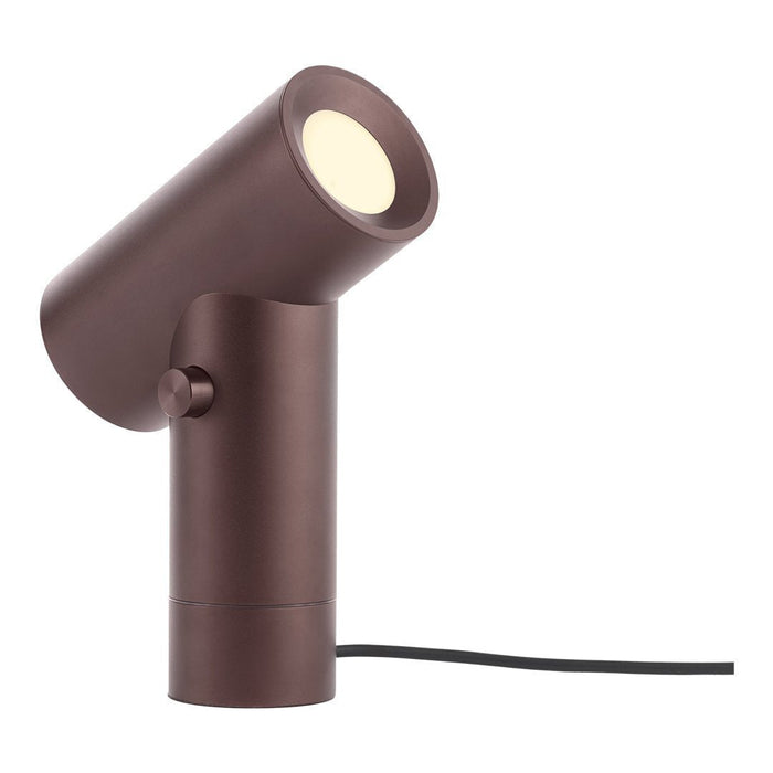 Modern brown lamp with a sleek, cylindrical design and a white circular light. Perfect for stylish home decor.