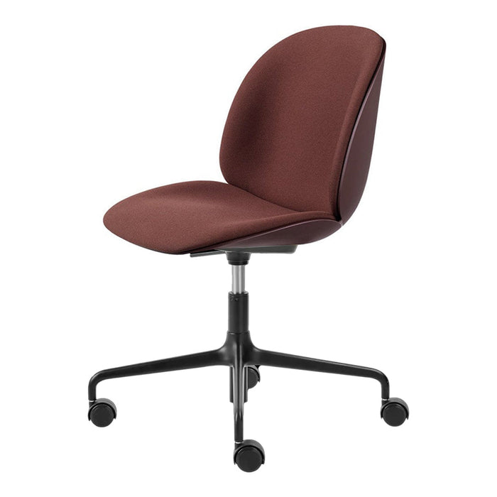 Modern office chair in deep burgundy with a smooth, curved design and black wheeled base. Ideal for stylish workspaces.
