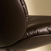 Dark brown leather armchair close-up, featuring smooth texture and subtle stitching details.