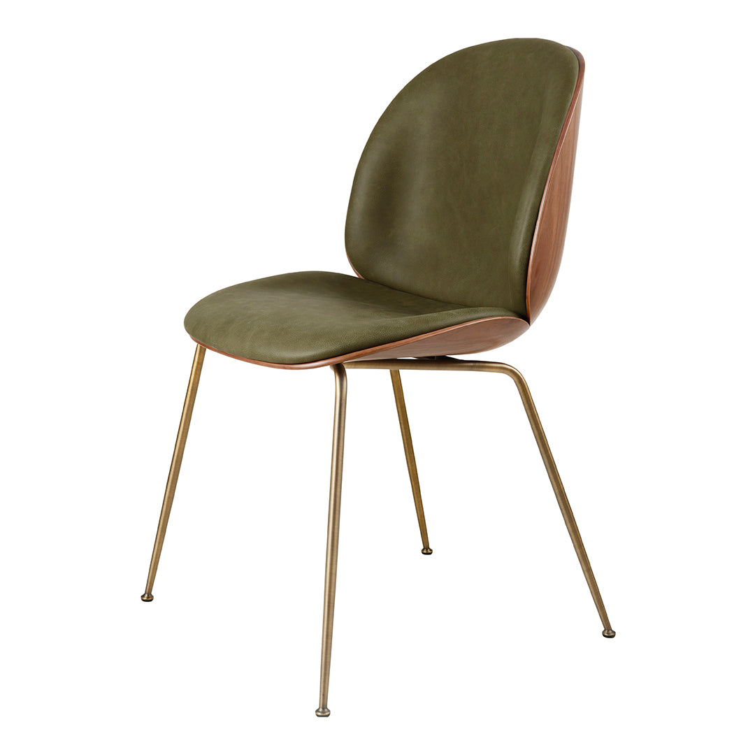 Olive green and tan chair with smooth curves and a metal frame, showcasing a modern minimalist design.