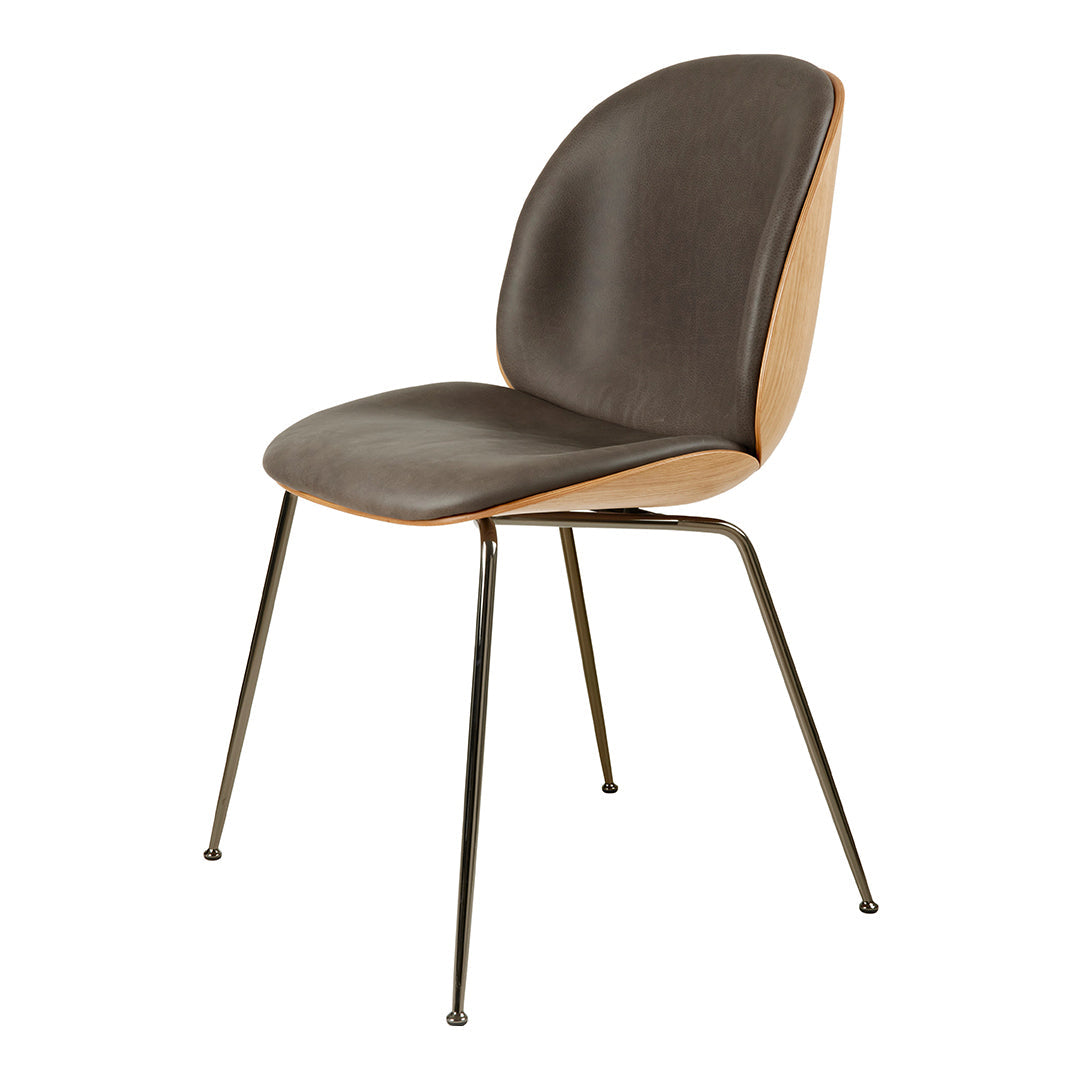 Modern chair featuring a dark gray seat with a wooden backrest and sleek black metal legs. Simple, stylish design.