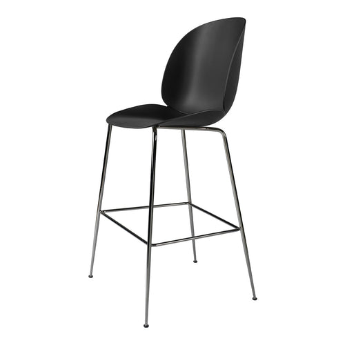 Black modern bar stool with smooth curves and chrome legs, perfect for contemporary decor.