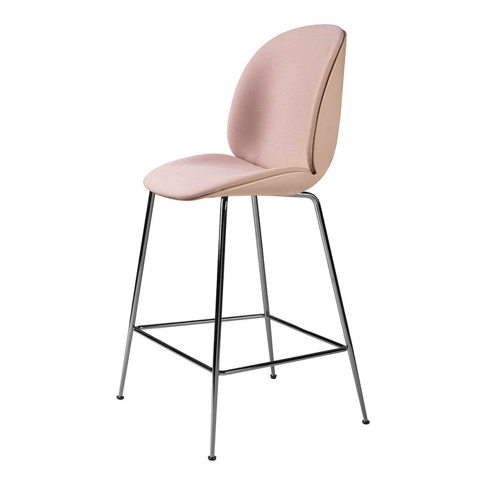 Blush pink upholstered bar stool with a sleek chrome frame, featuring smooth, modern curves and minimalist design.