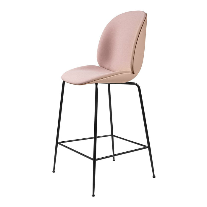 Pink upholstered bar stool with smooth curves and black metal legs. Modern, minimalist design for any decor.