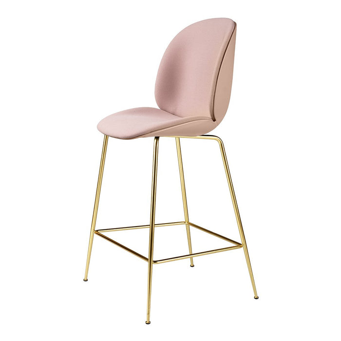 Blush pink upholstery with a smooth finish, paired with sleek gold metal legs for a modern, chic look.